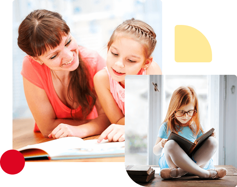 A collage of daughter and mom and a little girl reading books